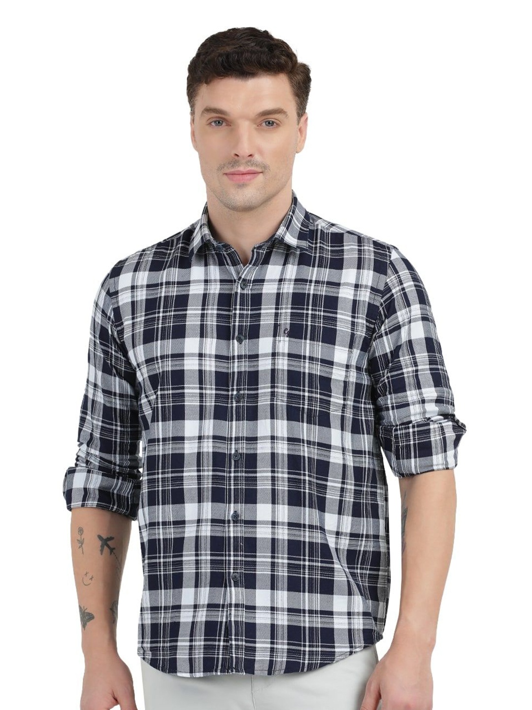 

Clarke Gable Men Trim Slim Fit Tartan Checked Cotton Casual Shirt, Navy blue