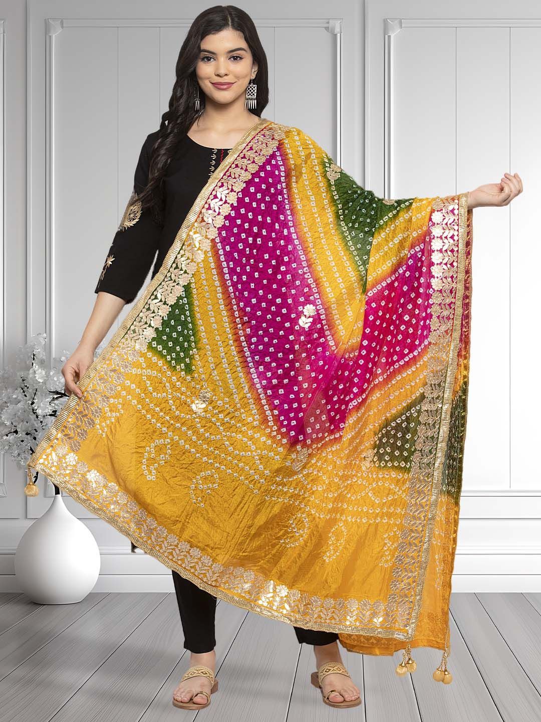 

Moda Rapido Dyed Bandhani Dupatta with Gotta Patti, Yellow