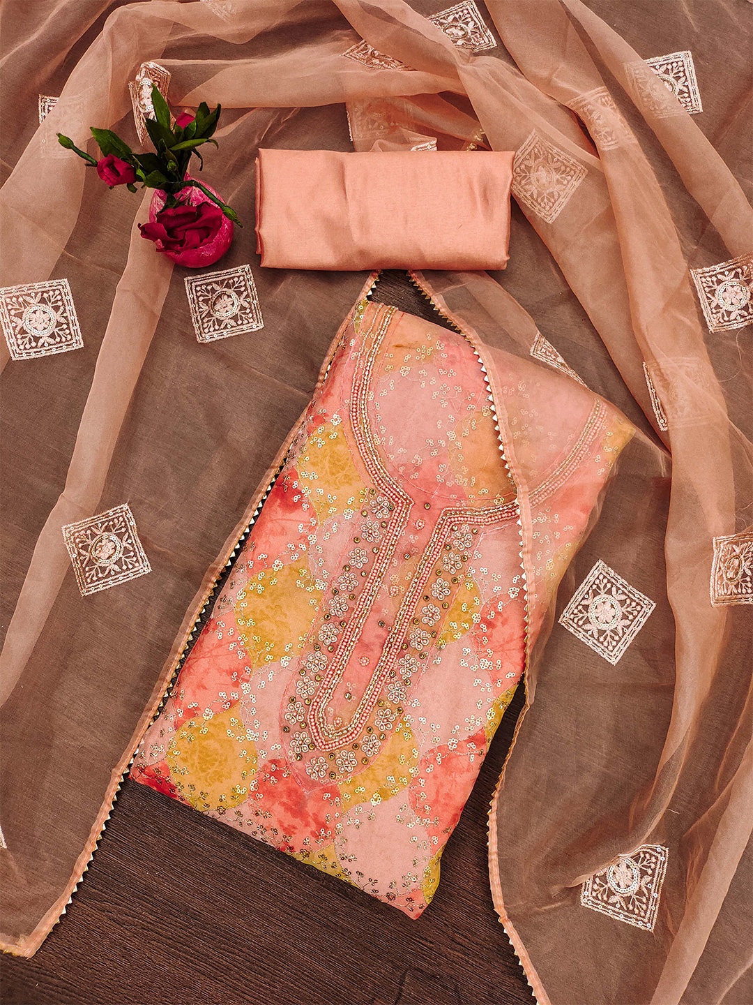 

SHADOW & SAINING Embroidered Sequnnied Organza Semi-Stitched Dress Material, Pink