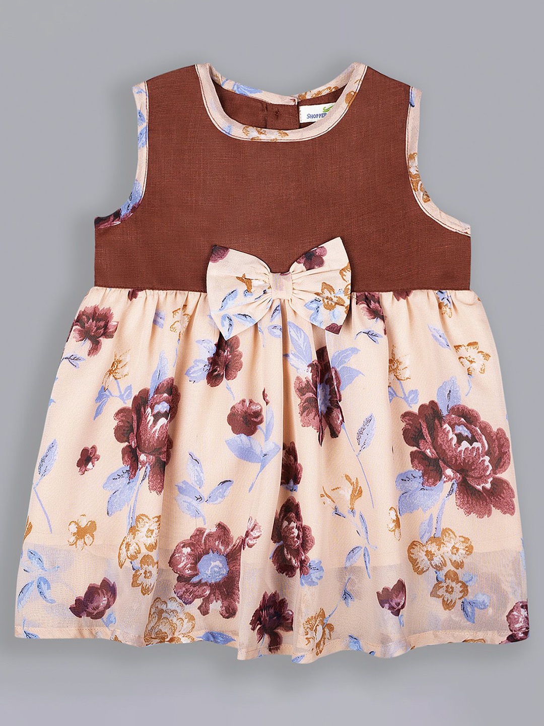 

ShopperTree Girls Floral Printed Round Neck Fit & Flare Dress, Brown