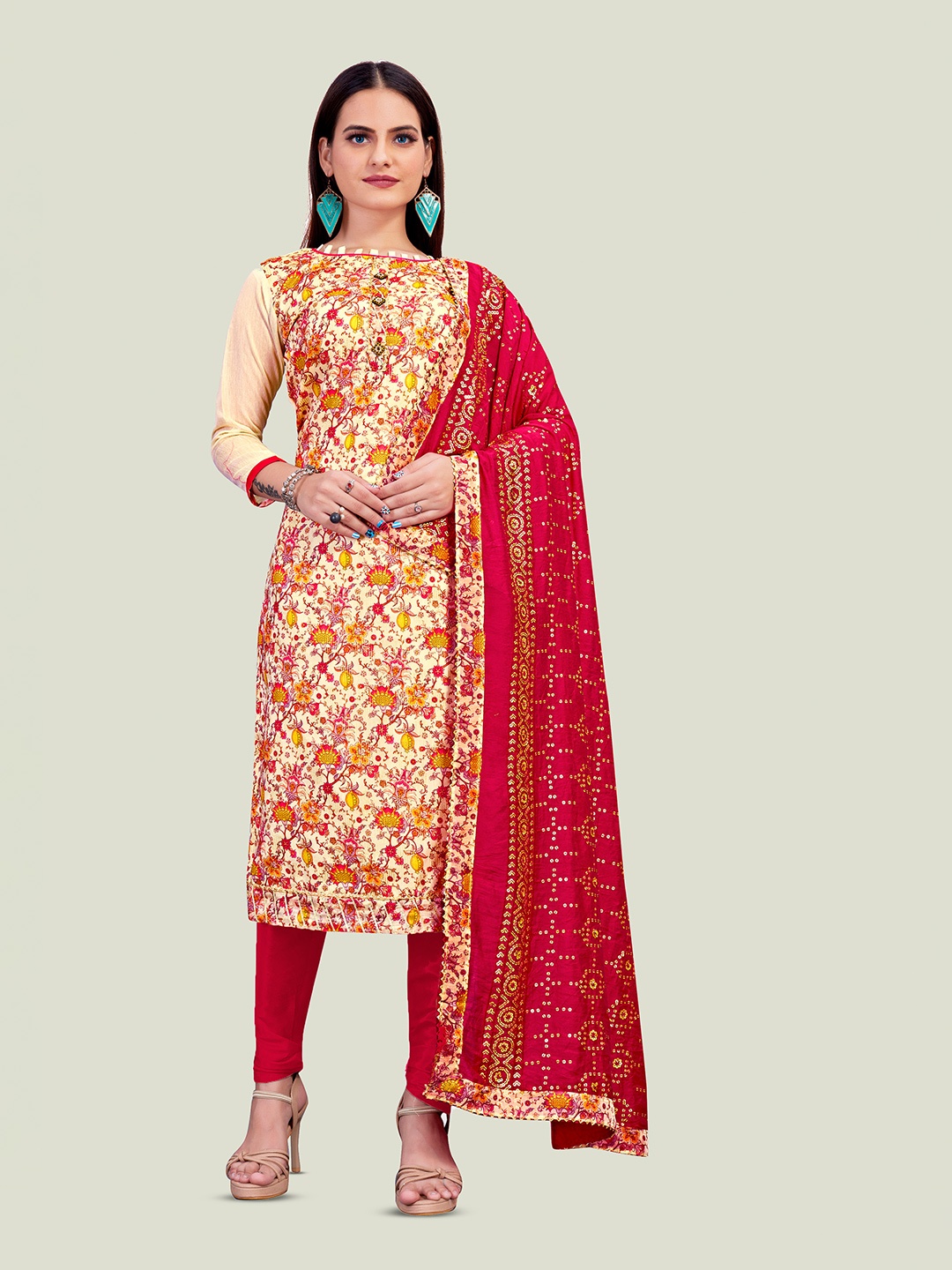 

Maroosh Floral Printed Chanderi Unstitched Dress Material, Beige