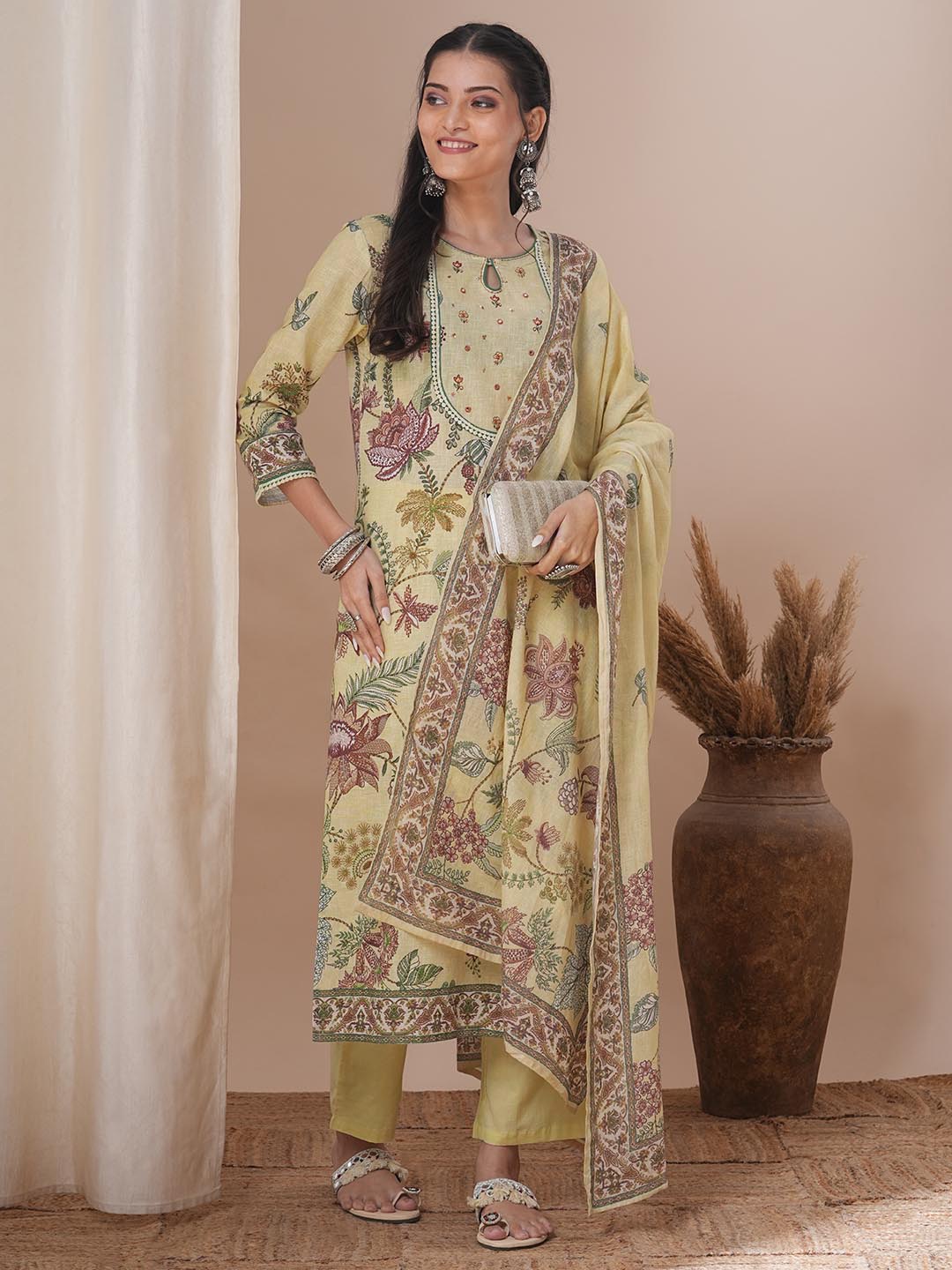 

FASHOR Floral Printed Mirror Work Pure Cotton Kurta With Trousers & Dupatta, Cream