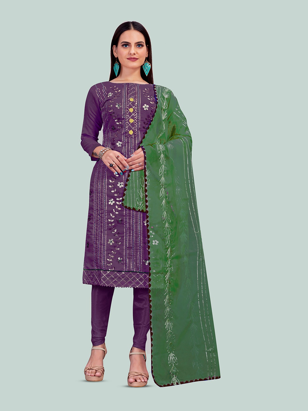 

Maroosh Floral Gota Patti Chanderi Unstitched Dress Material, Purple