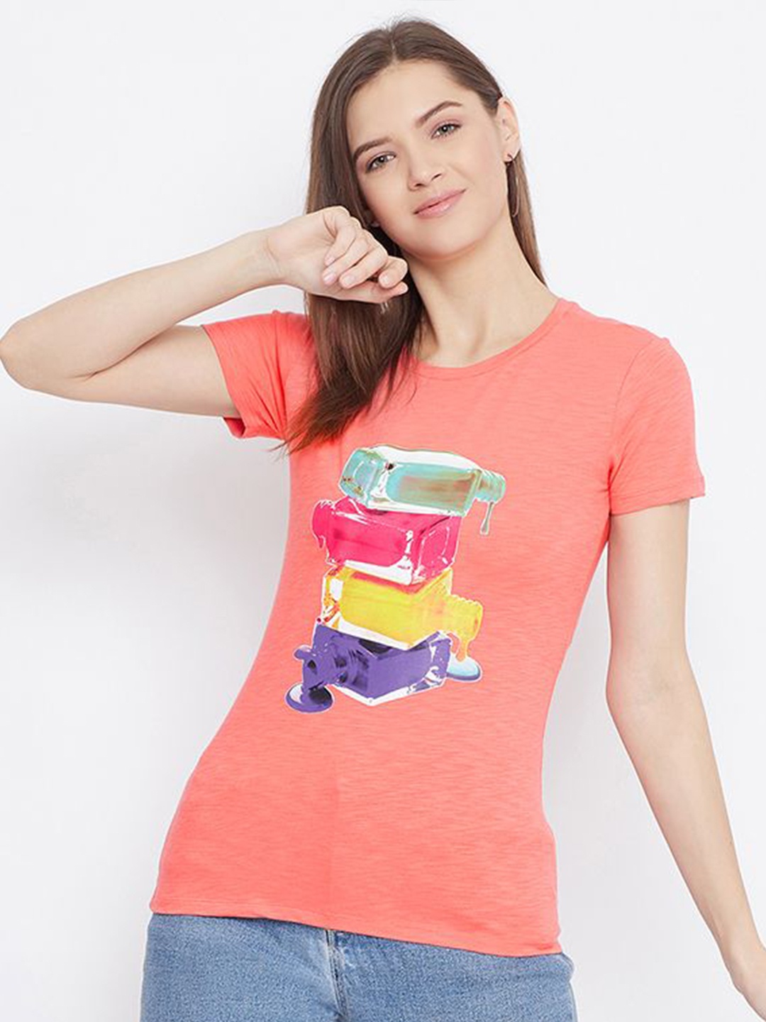 

Bishop Graphic Print Round Neck Cotton Top, Pink