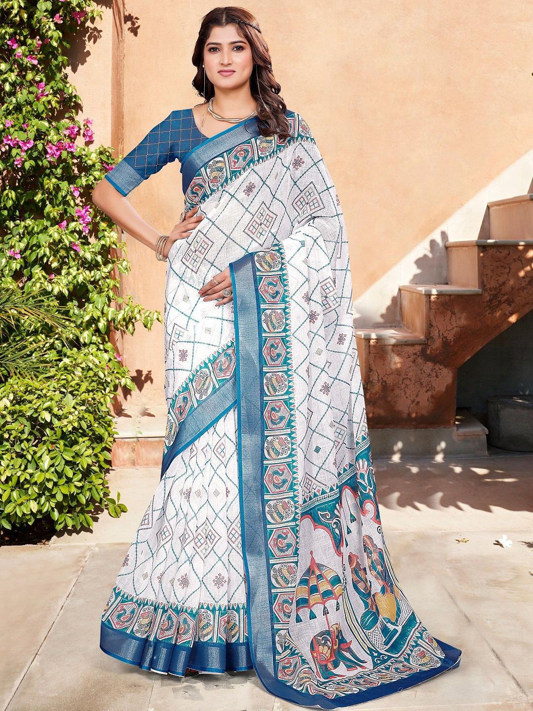 

Mitera Ethnic Motifs Zari Pure Cotton Saree, White