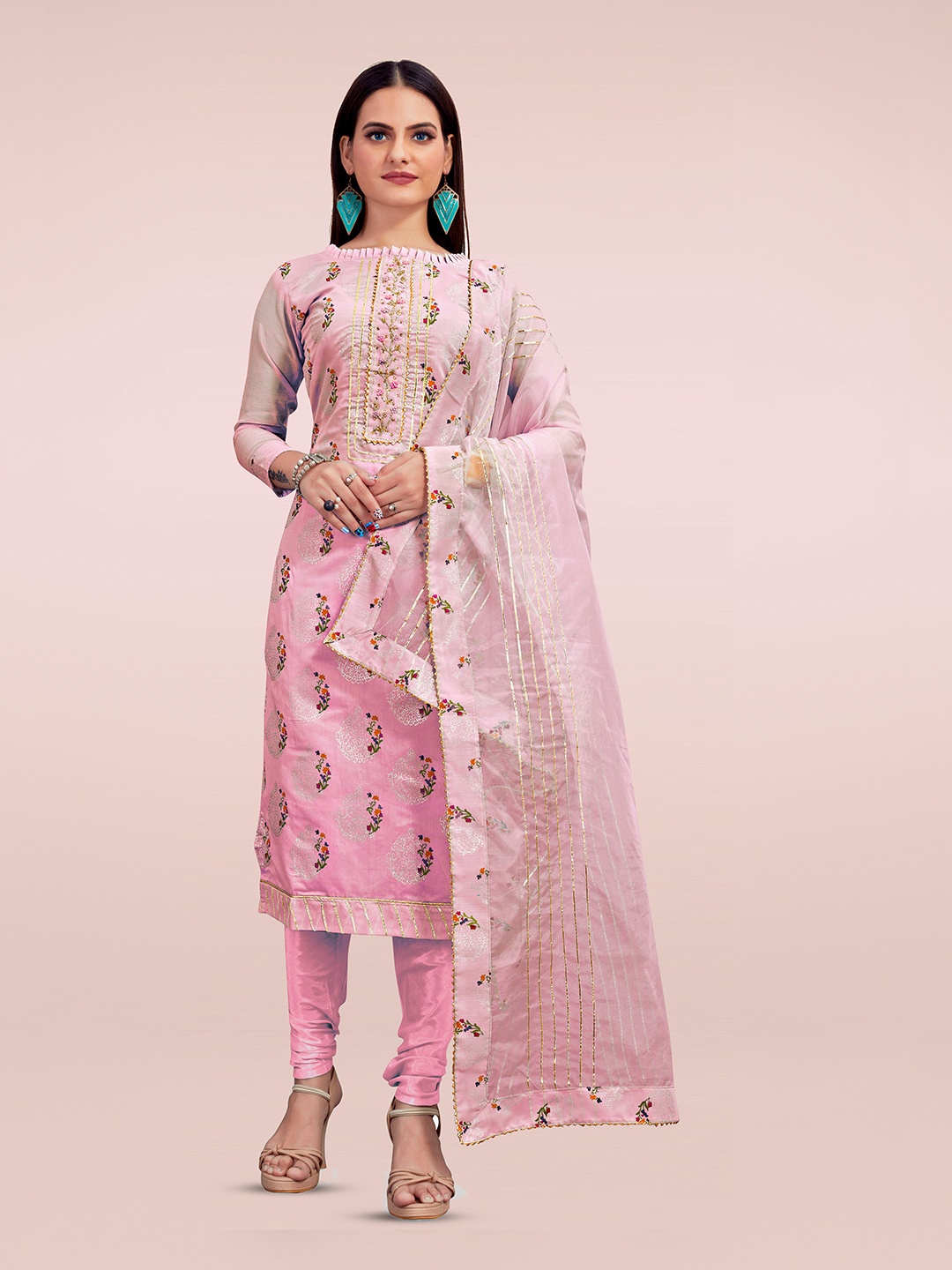 

Maroosh Floral Foil Printed Embellished Chanderi Unstitched Dress Material, Pink