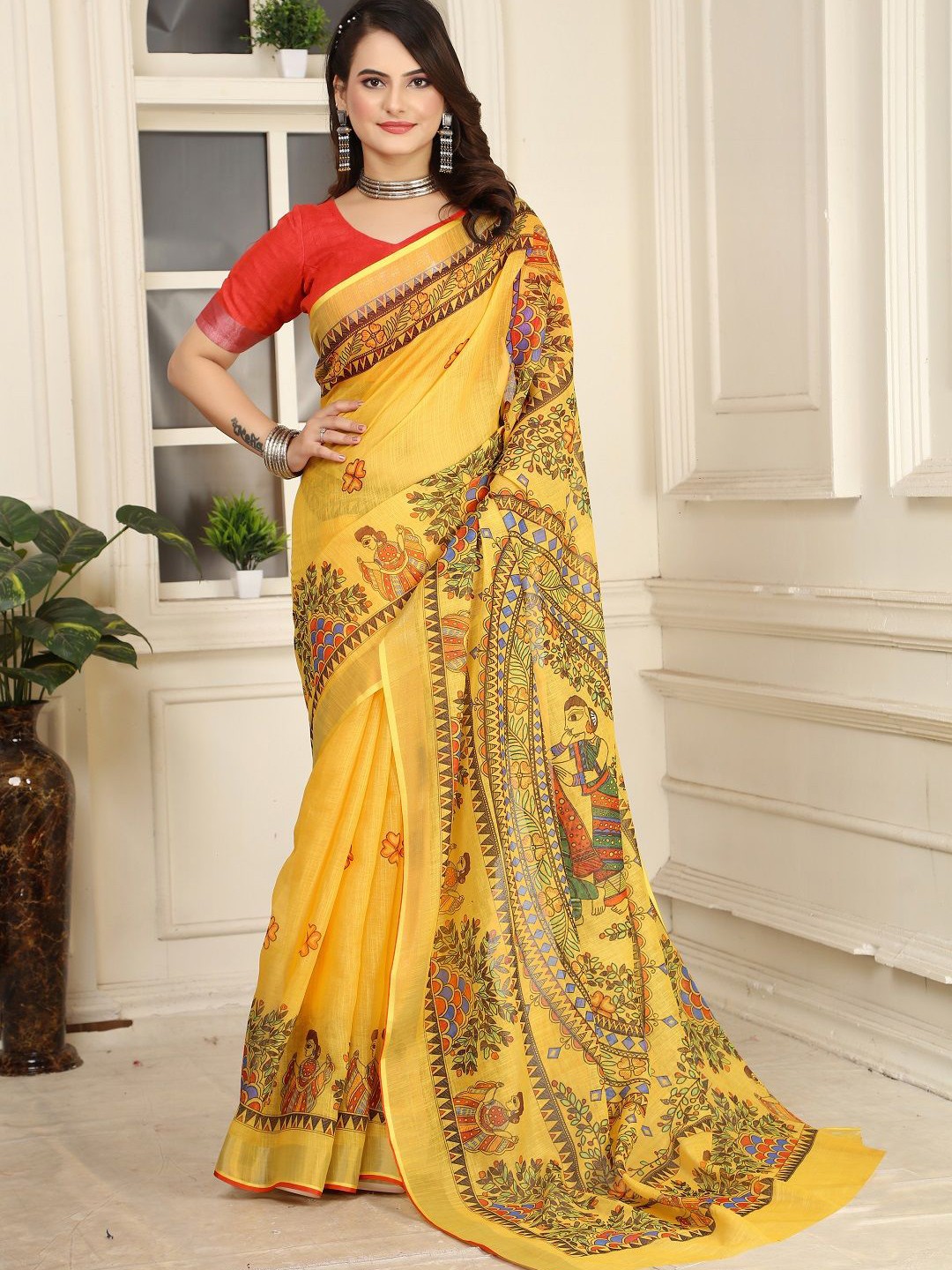 

Sarvada Floral Printed Pure Cotton Saree, Yellow