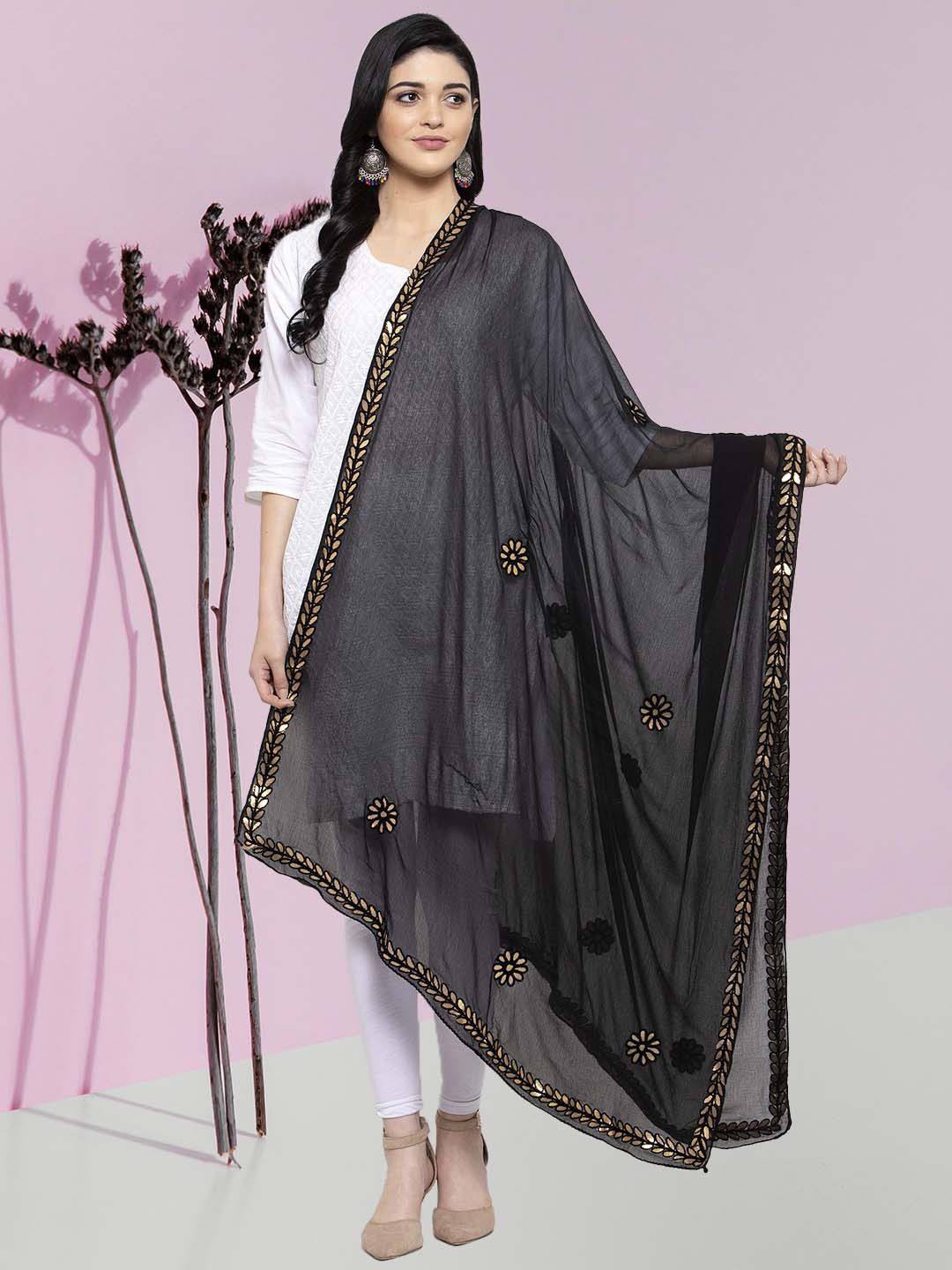 

Moda Rapido Floral Embroidered Thread Work Dupatta, Black