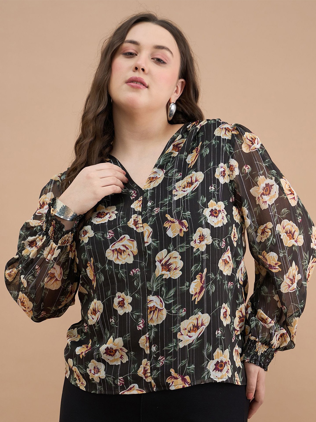 

KIBO CURVE Women Plus Size Floral Printed Top, Black