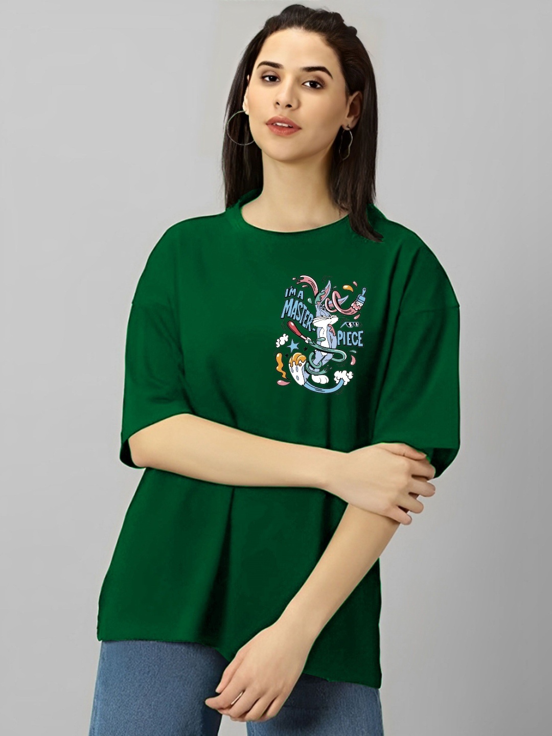 

kintu parantu Women Bugs Bunny Graphic Printed Round Neck Cotton Oversized T-shirt, Green