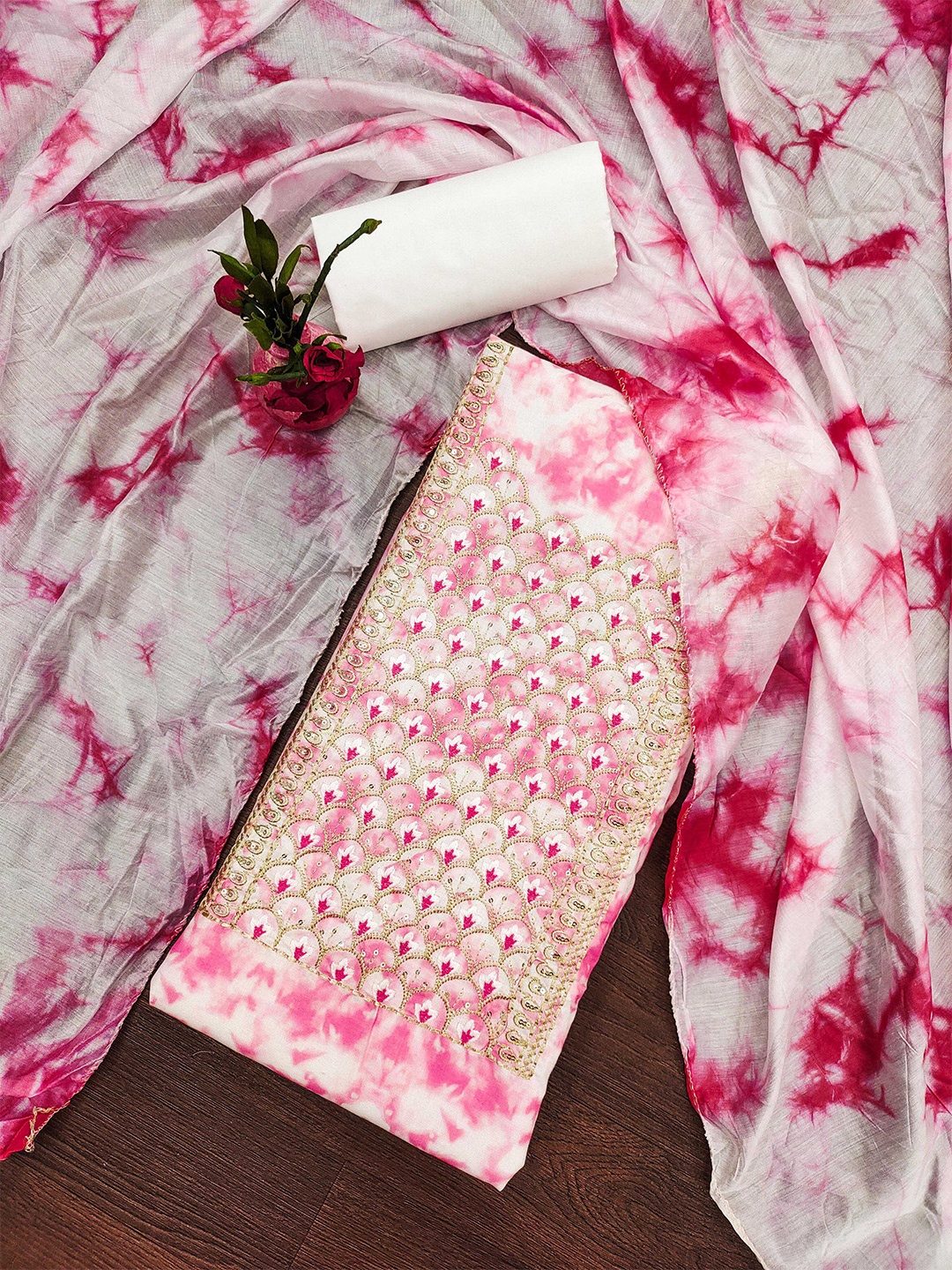 

SHADOW & SAINING Abstract Printed Sequinned Pure Cotton Unstitched Dress Material, Pink