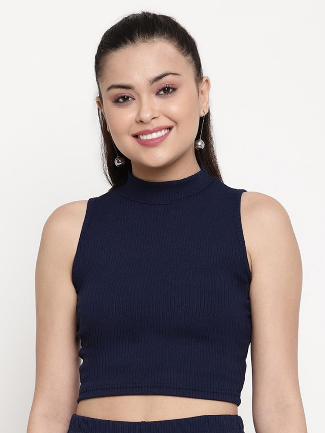 

Sugathari Women Ribbed Fitted Crop Top, Navy blue