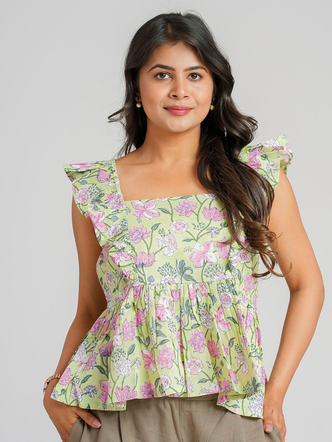 

Cotton Curio Women Cotton Block Printed Short Top, Green