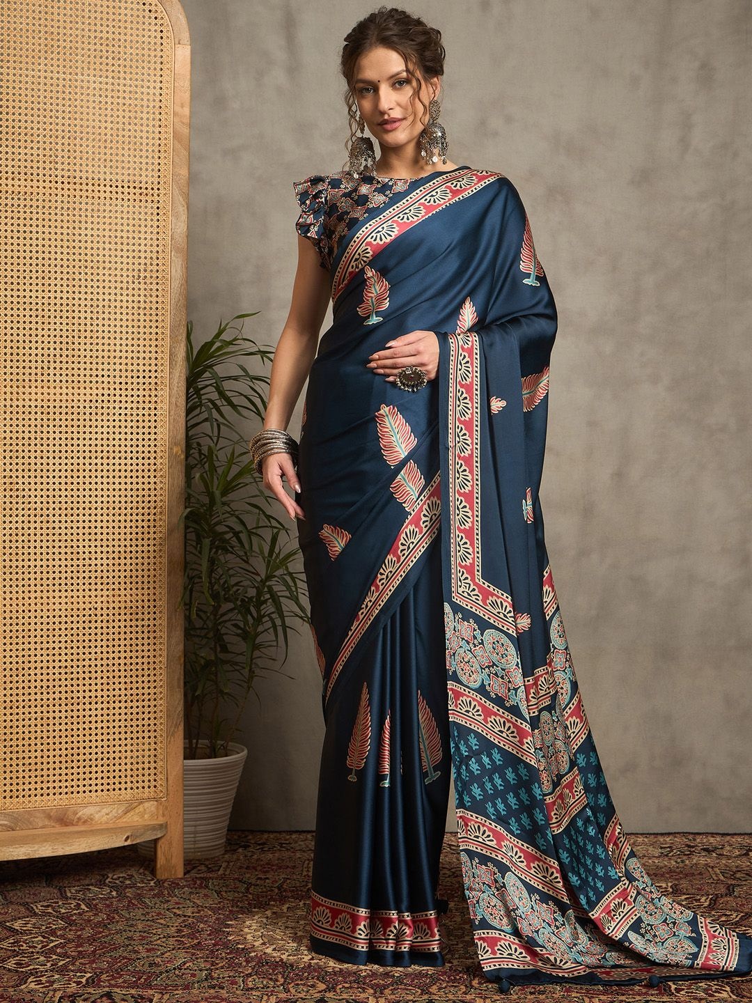 

Anouk Ethnic Motifs Printed Pure Crepe Block Print Saree, Teal