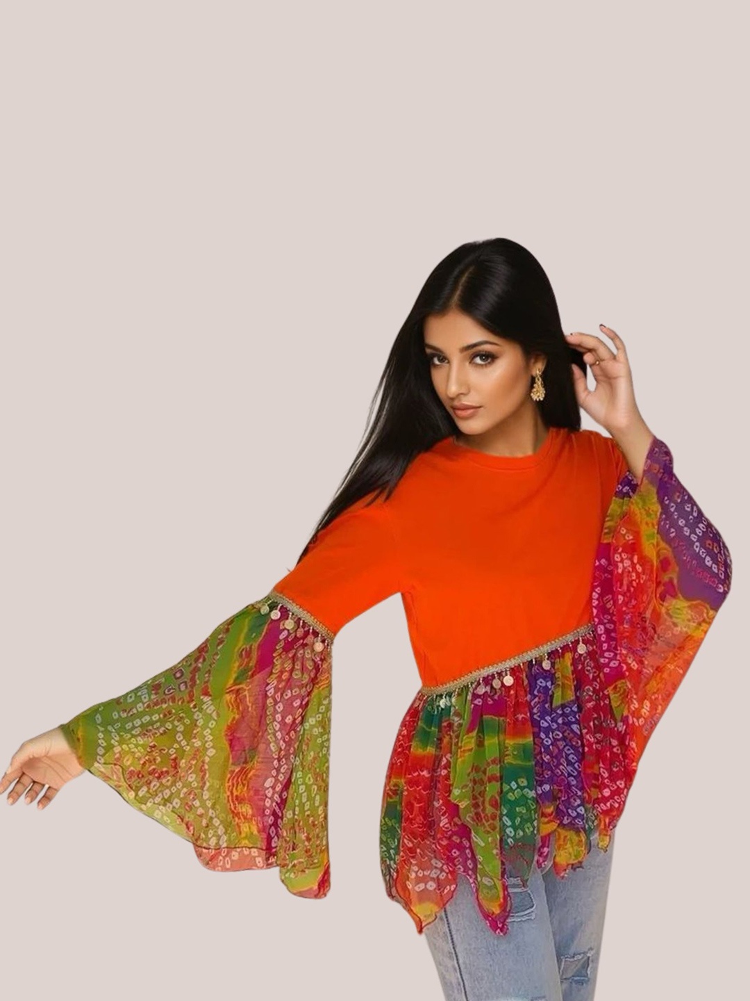 

The BANJARA TRAIL Women Print Bell Sleeve Cotton Top, Orange