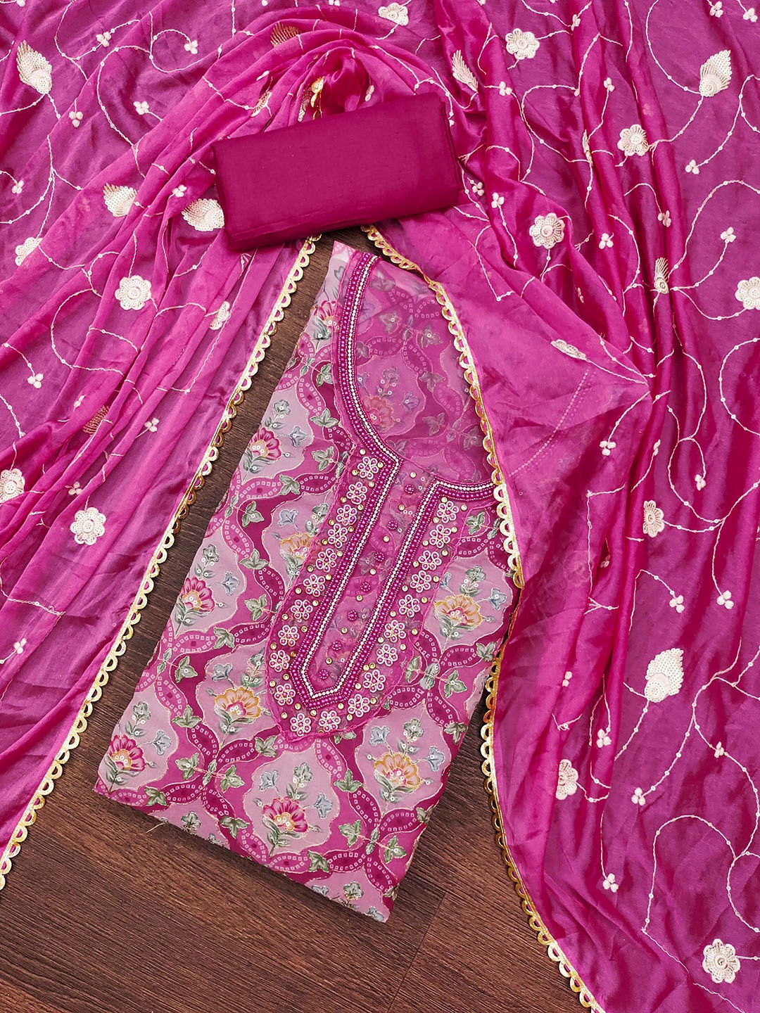 

SHADOW & SAINING Floral Embroidered Beads And Stones Unstitched Dress Material, Magenta