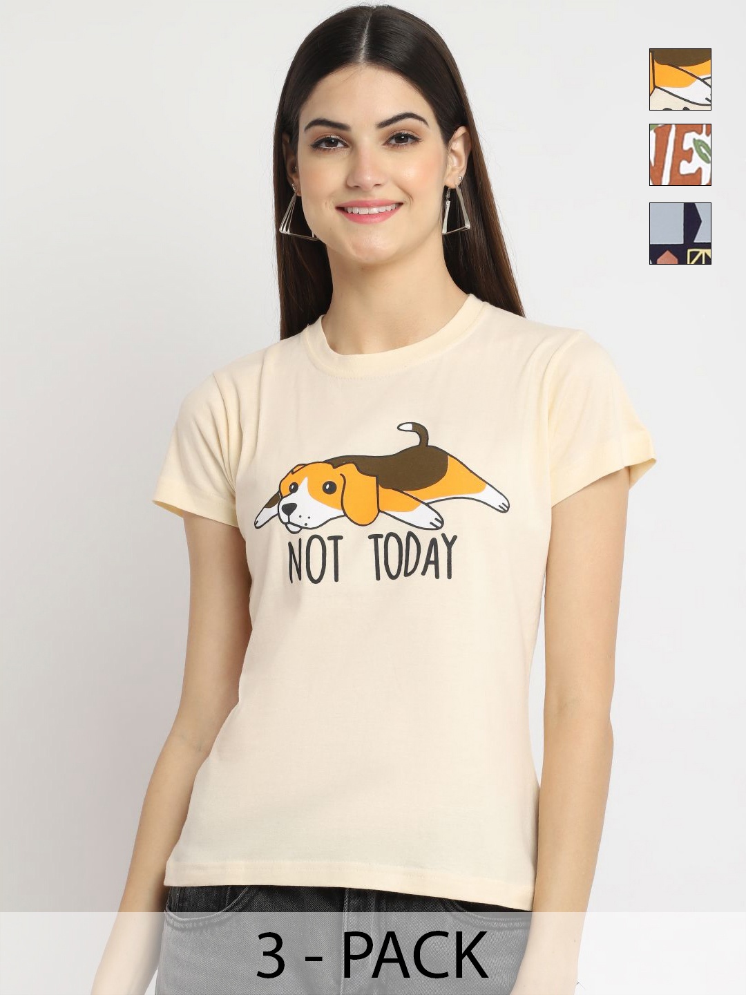 

Dreambe Women Pack of 3 Graphic Printed Round Neck Cotton T-shirts, Beige