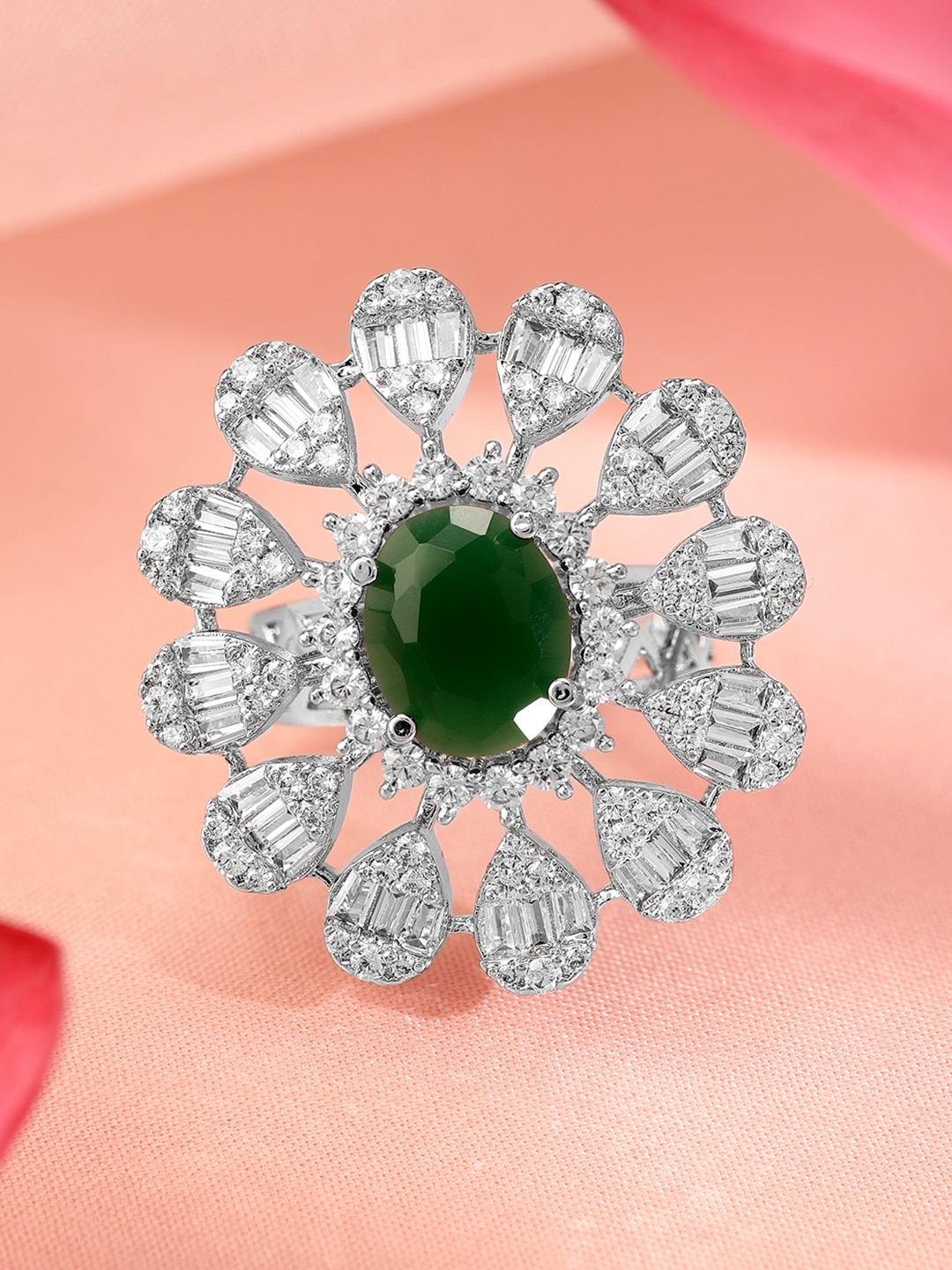 

Rubans Rhodium Plated Cubic Zirconia Studded Floral Adjustable Finger Ring, Silver