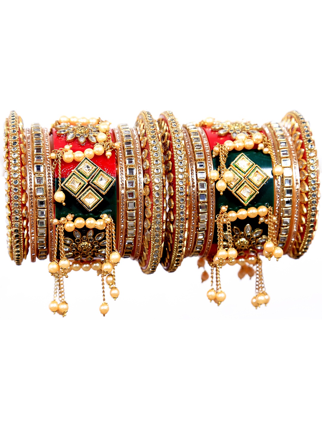 

Zindura Pack Of 2 Gold-Plated Pearls Studded & Beaded Chuda Bangles