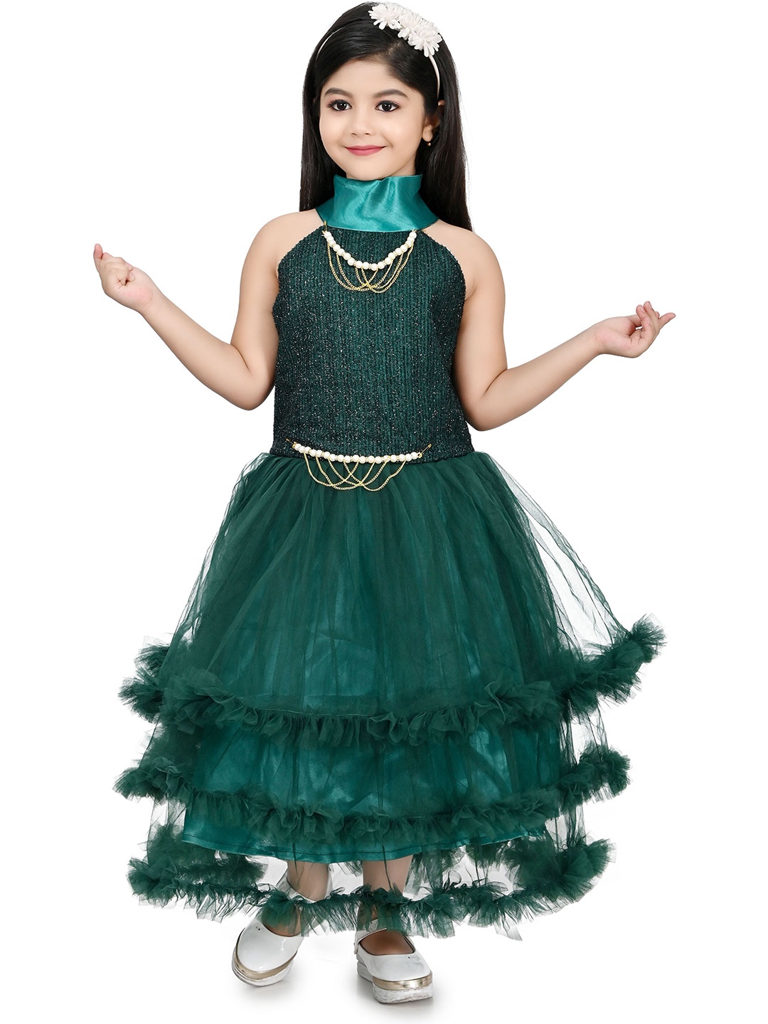 

Zenat Layered Net Fit & Flare Dress, Green