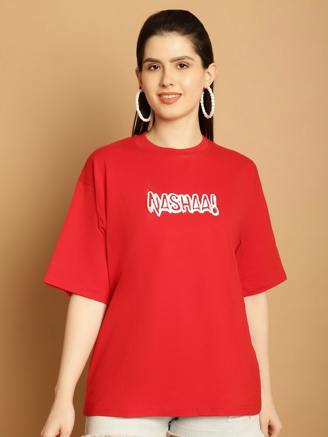 

Tromko Women Graphic Printed Round Neck Cotton Oversized T-shirt, Red
