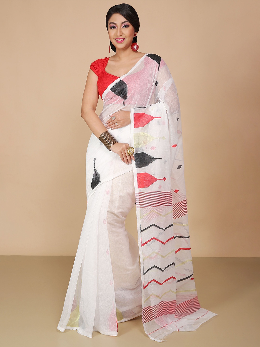 

BENGAL HANDLOOM Printed Temple Border Jamdani saree, White