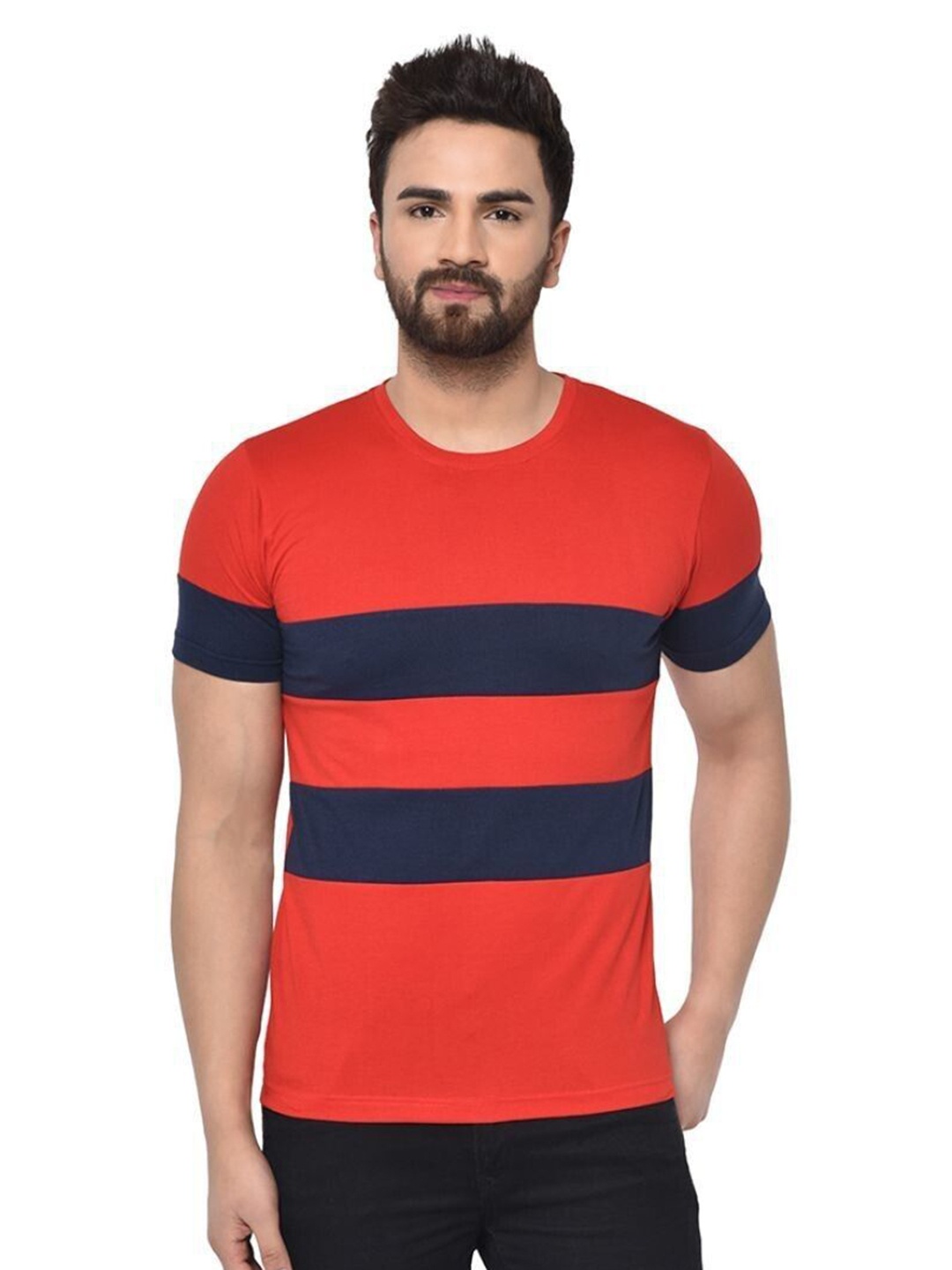 

Unicus Apparel Men Striped Round Neck Cotton T-shirt, Red