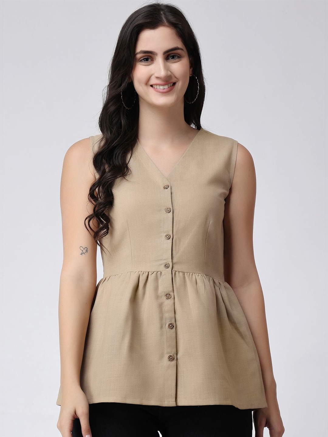 

ZARISTAA Women V-Neck Cotton Peplum Top, Beige