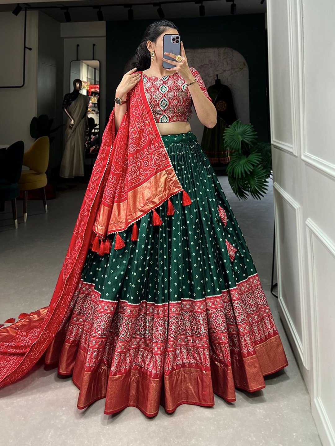 

RADHVI BIZ Printed Silk Ready to Wear Lehenga & Semi-Stitched Blouse With Dupatta, Green