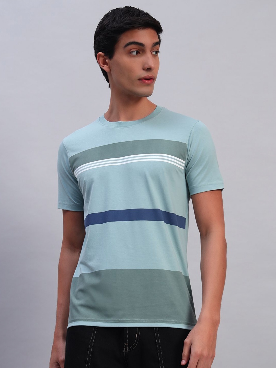 

TMO Striped Round Neck Half Sleeves Cotton T-shirt, Blue