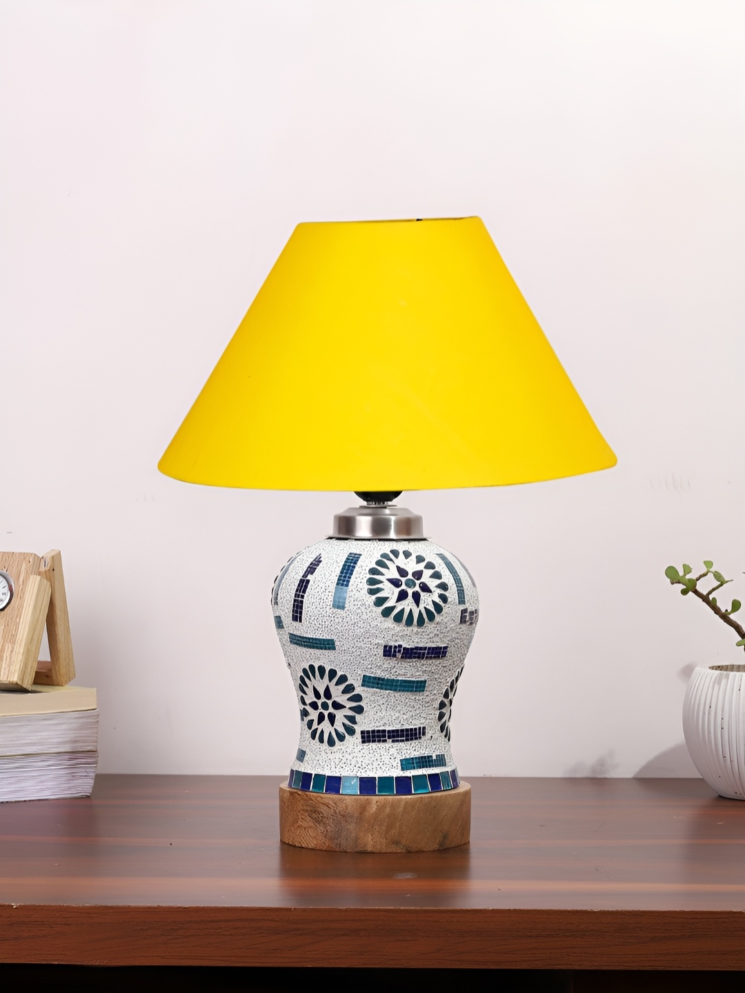 

Devansh Yellow Textured Frustum Shape Wooden Table Lamp