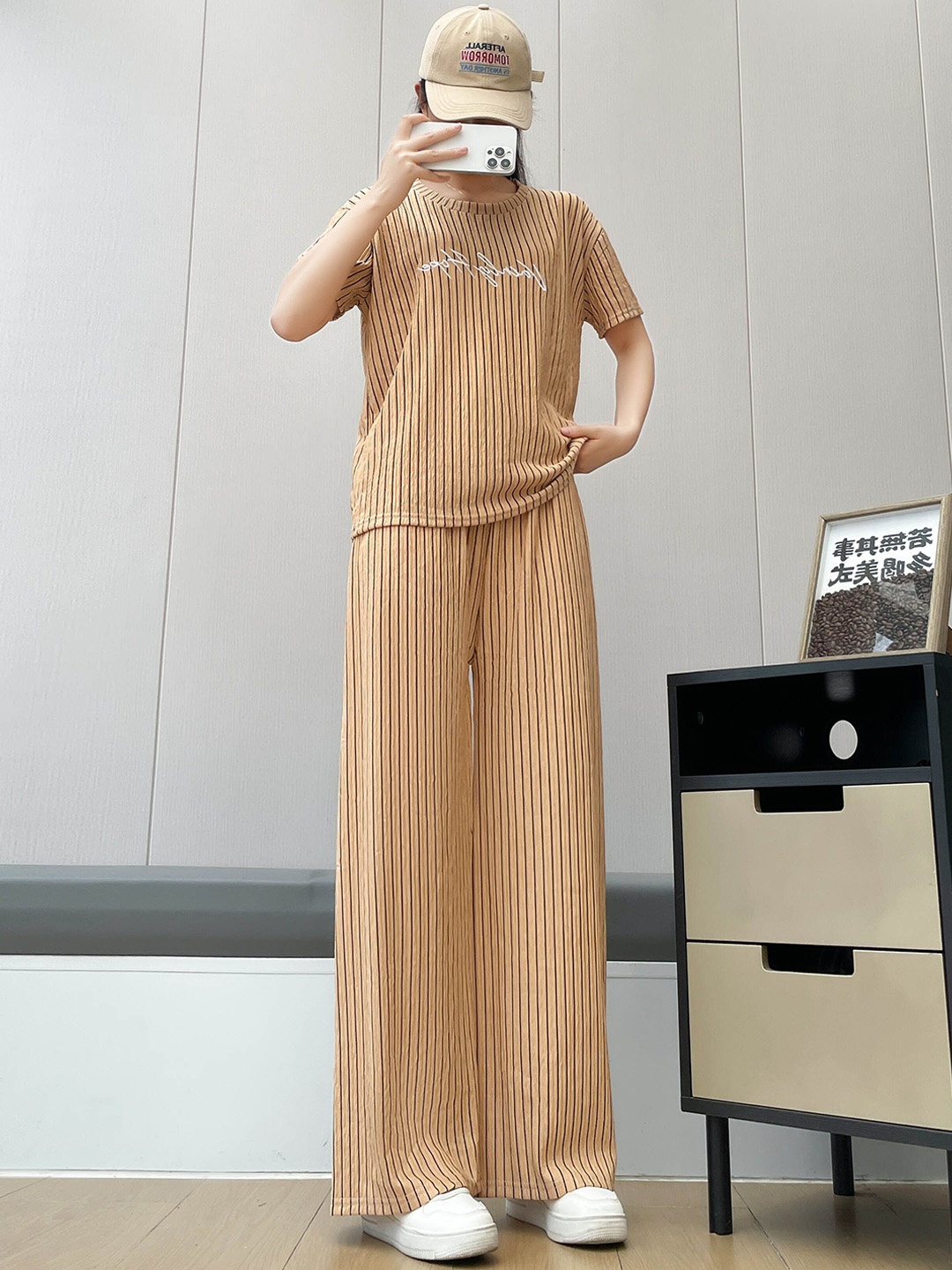 

Lugo Striped Self Design Round Neck T-Shirt With Palazzo, Beige