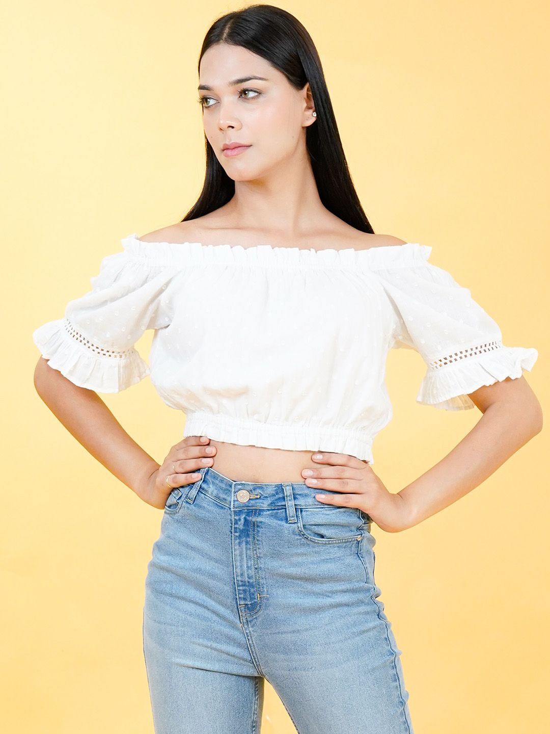 

COSMIC TRIO Women Off-Shoulder Puff Sleeve Cotton Crop Blouson Top, White