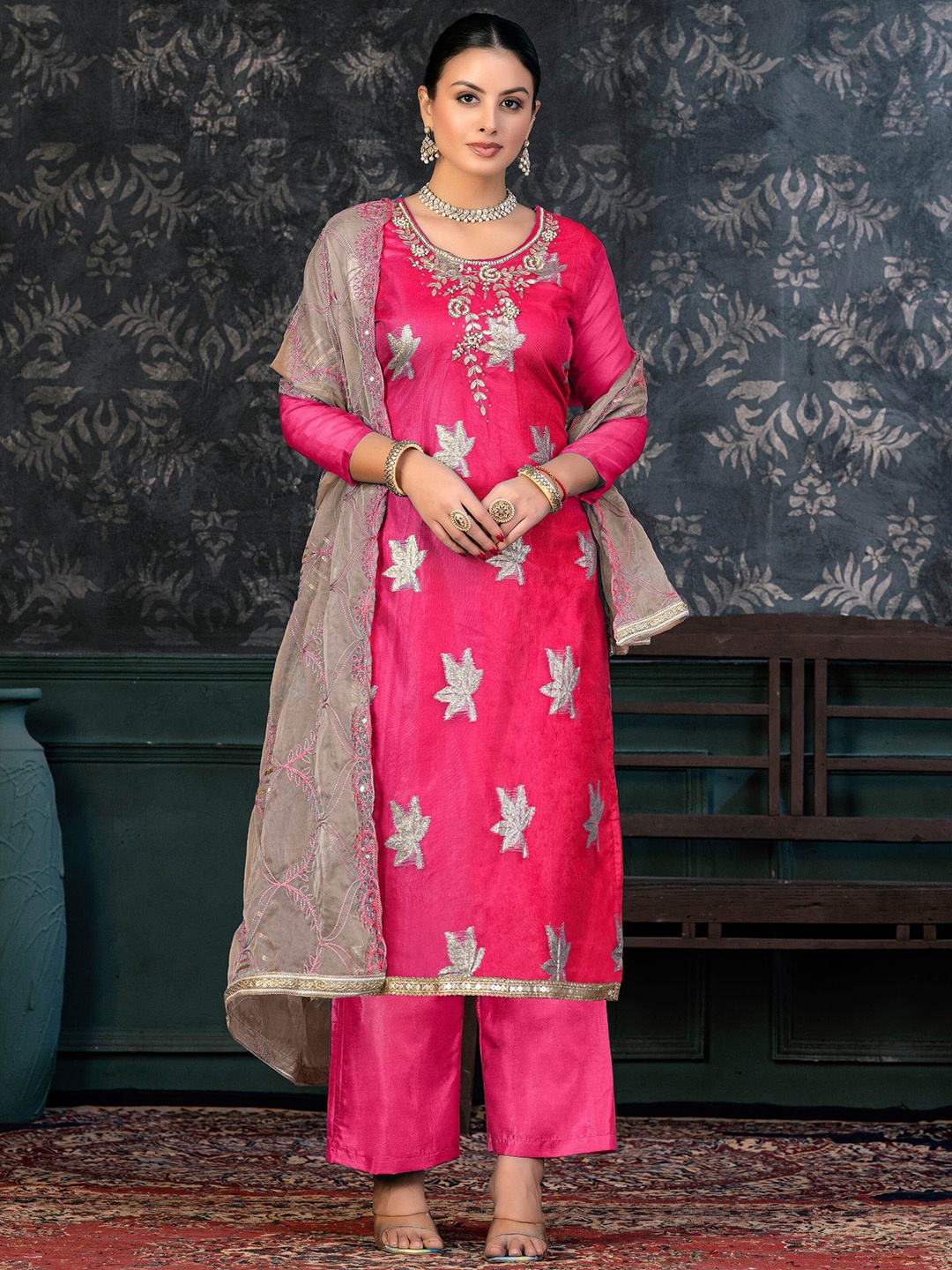 

SHADOW & SAINING Floral Embroidered Zari Organza Semi-Stitched Dress Material, Pink