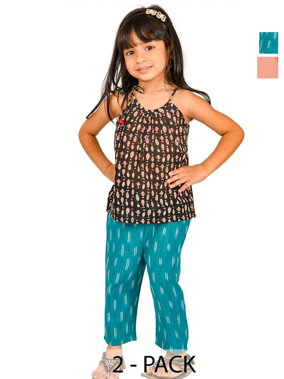 

Tiny Bunnies Girls Pack Of 2 Printed Shoulder Straps Pure Cotton Top With Trousers, Black
