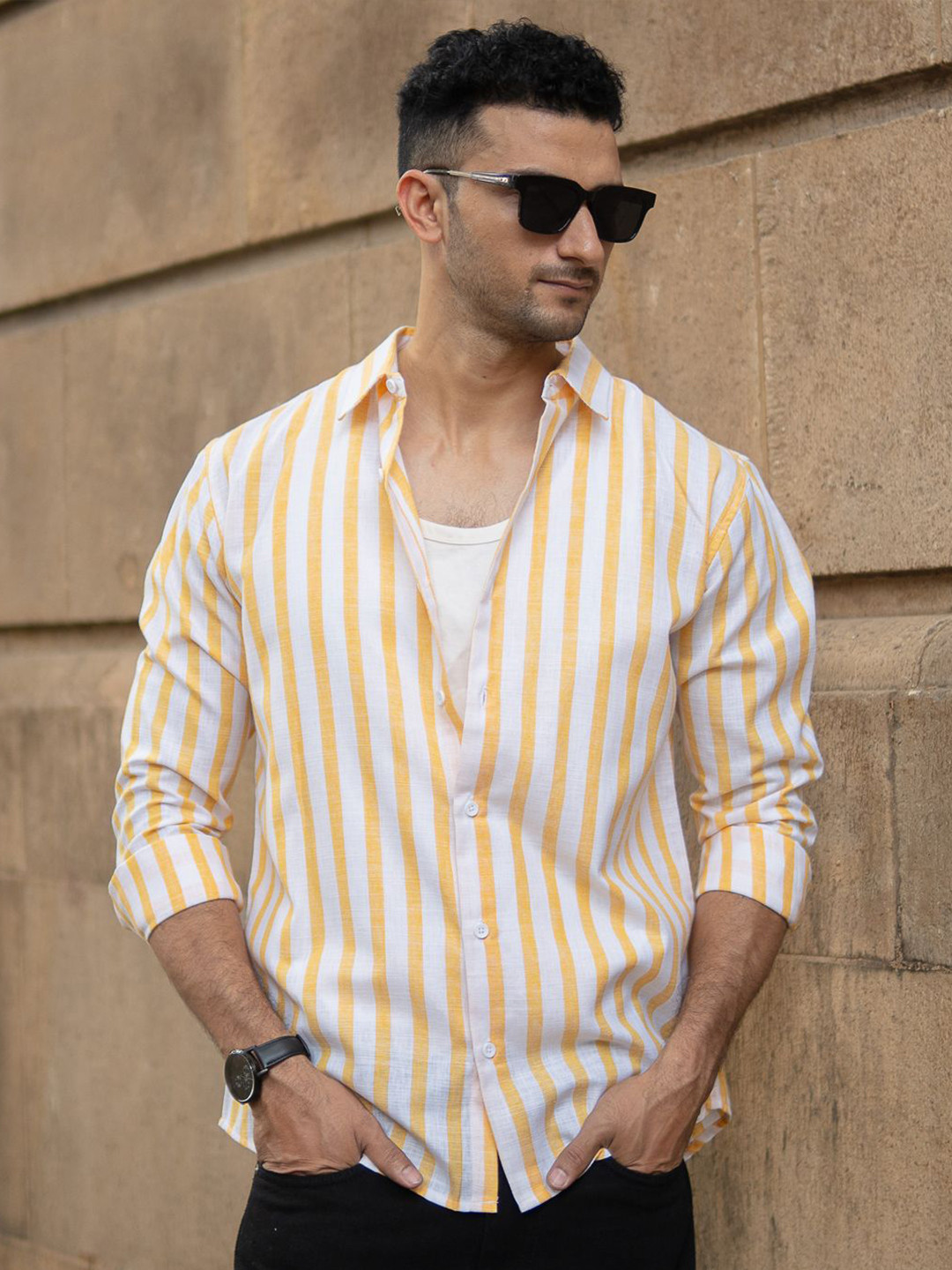 

Powerlook Men Spread Collar Vertical Striped Casual Shirt, Yellow