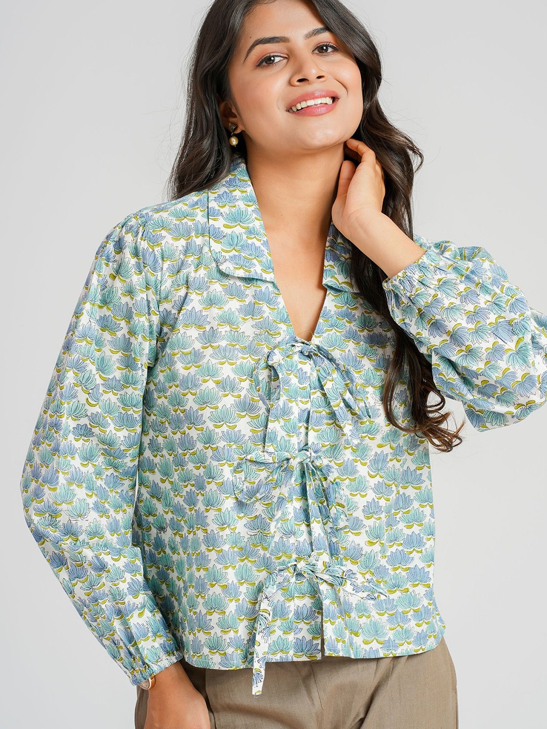 

Cotton Curio Women Cotton Block Printed Short Top, Green