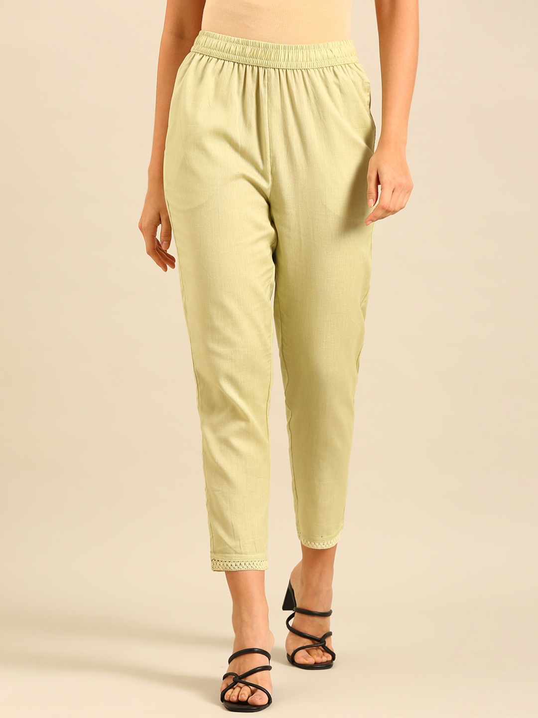 

De Moza Women Cotton Cropped Cigarette Trousers, Green