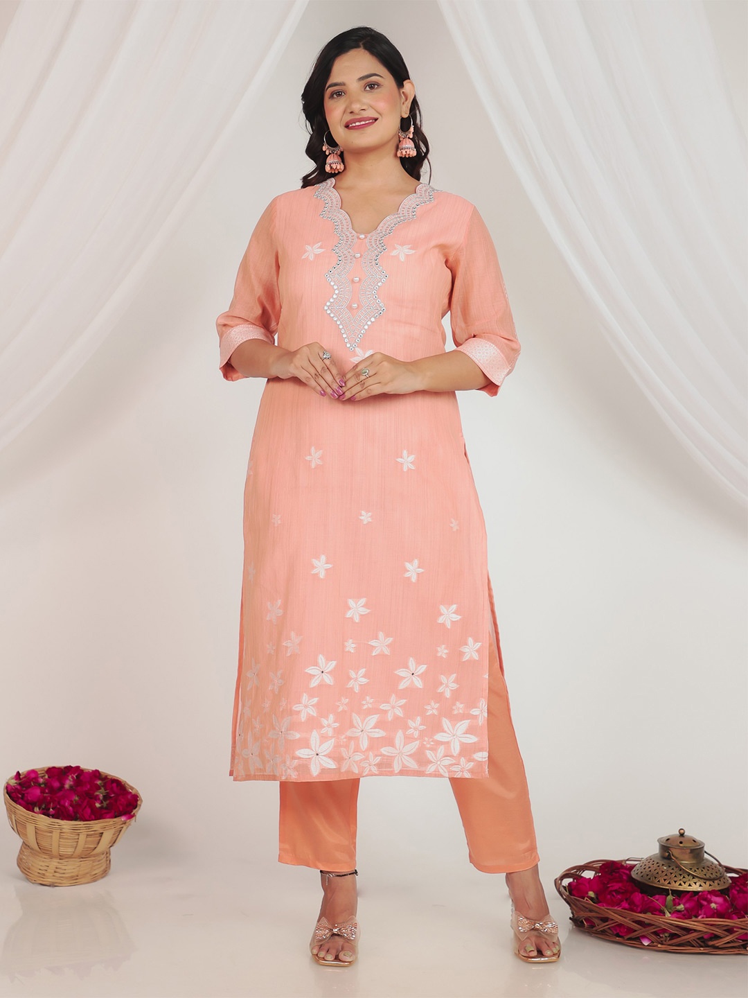 

Aramya Floral Printed V-Neck Mirror Work Chanderi Cotton Straight Kurta With Trousers, Peach