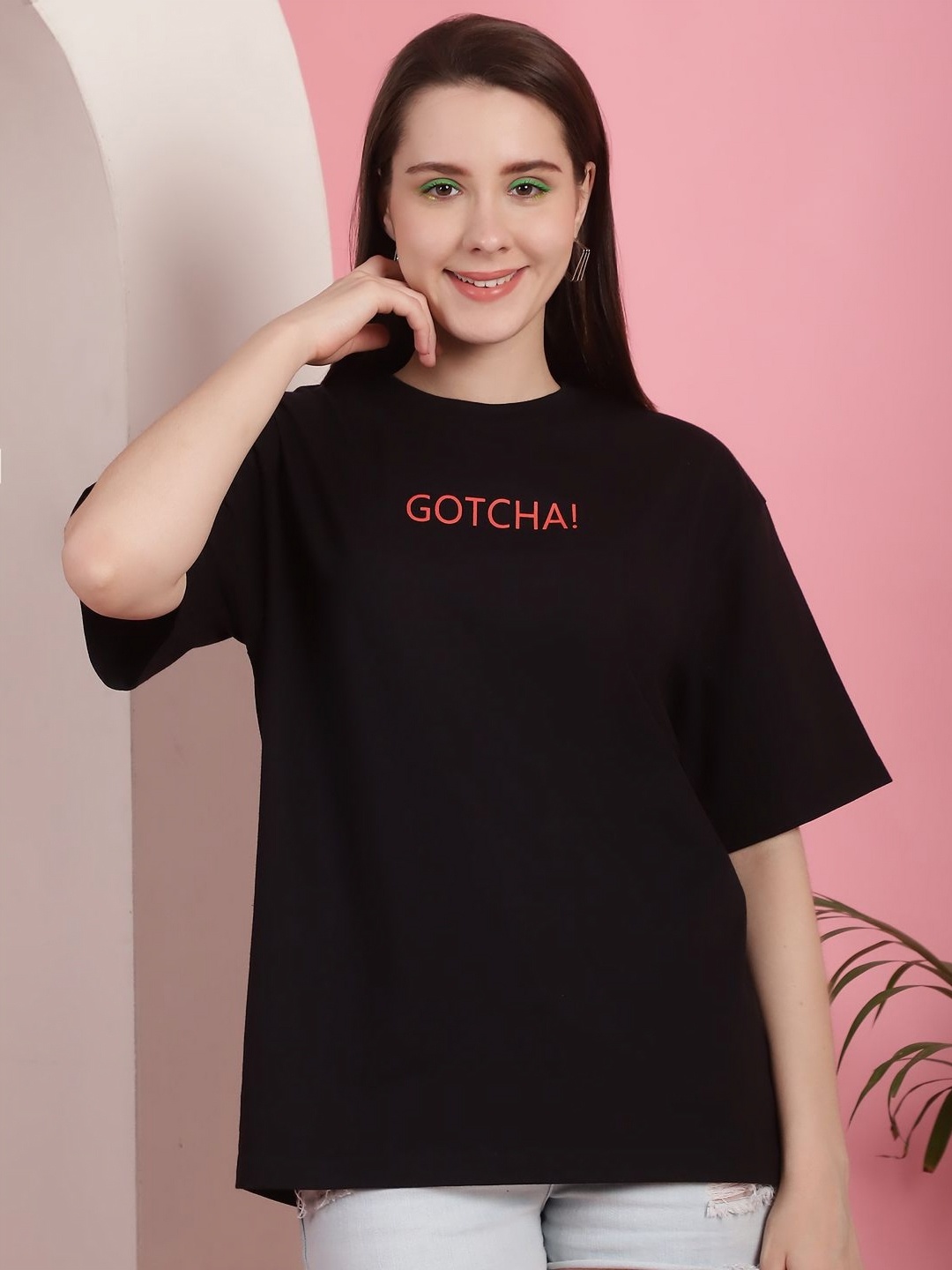 

Tromko Women Graphic Printed Round Neck Cotton Oversized T-shirt, Black