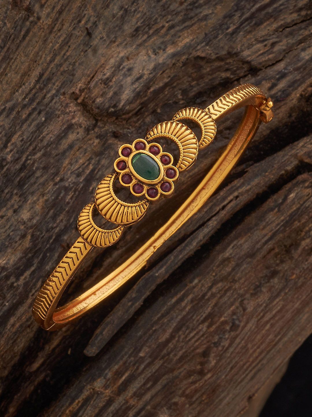 

Kushal's Fashion Jewellery Gold Plated Ruby-Green Stone Studded Ethnic Antique Kada Bangle