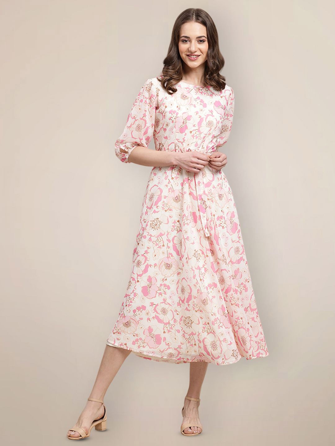 

Metronaut Women Floral Printed Fit & Flare Midi Dress, Off white