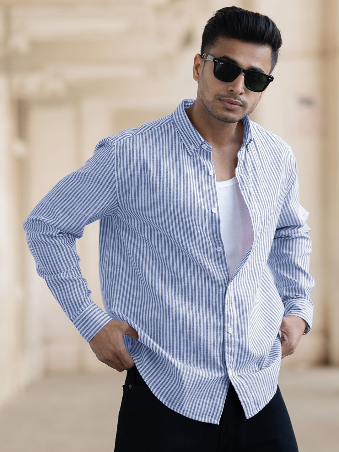 

Powerlook Men Opaque Striped Casual Shirt, Blue
