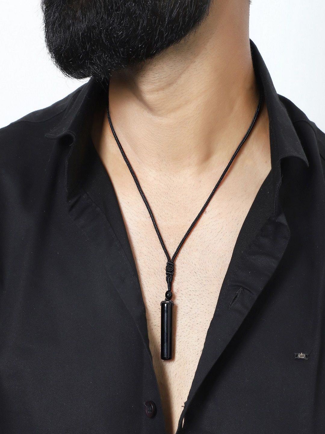 

Nirvana Men Stainless Steel Geometric Shaped Onyx Cylinder Rope Pendant, Black