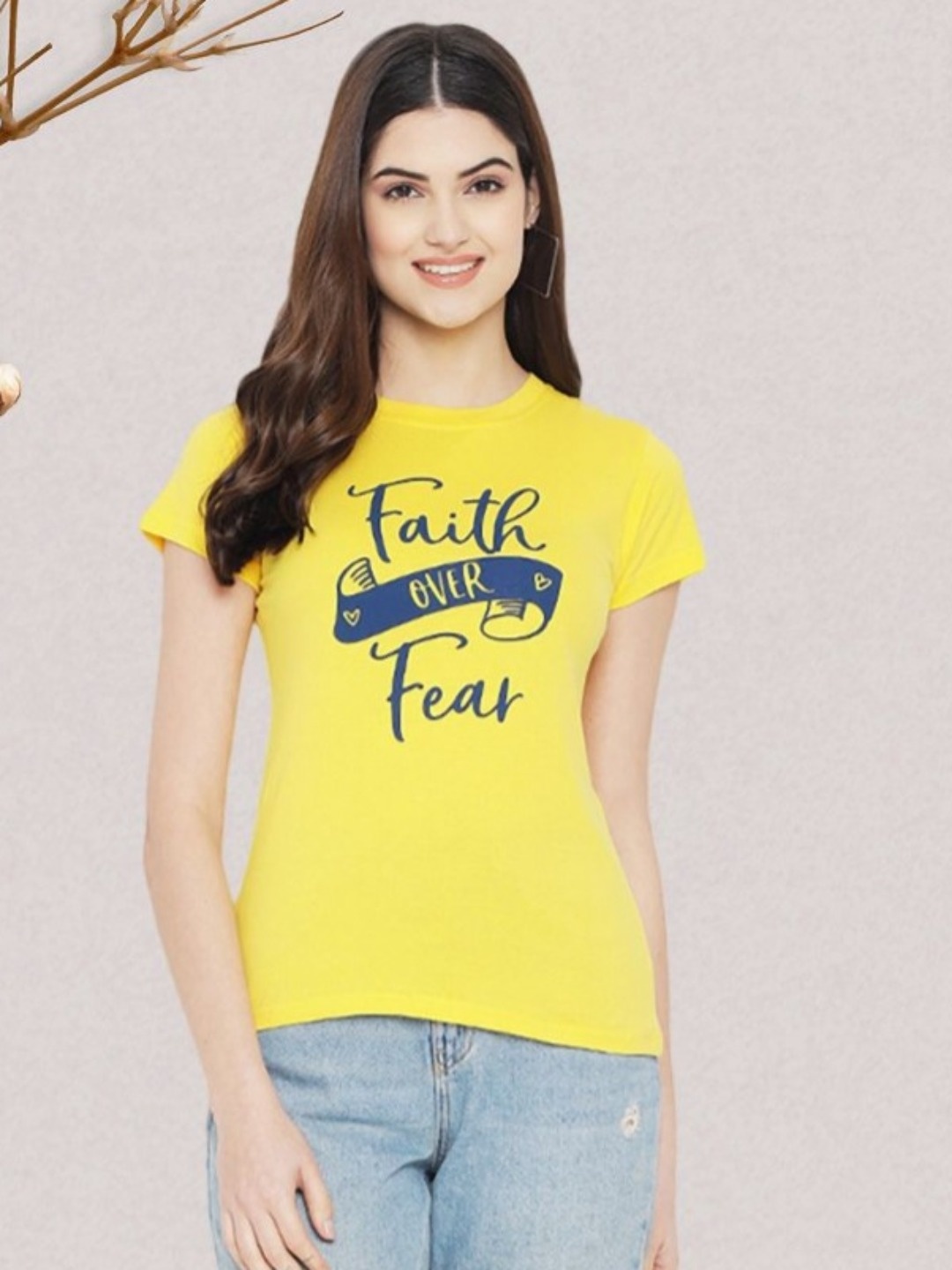 

Dreambe Women Typography Printed Round Neck Cotton T-shirt, Yellow