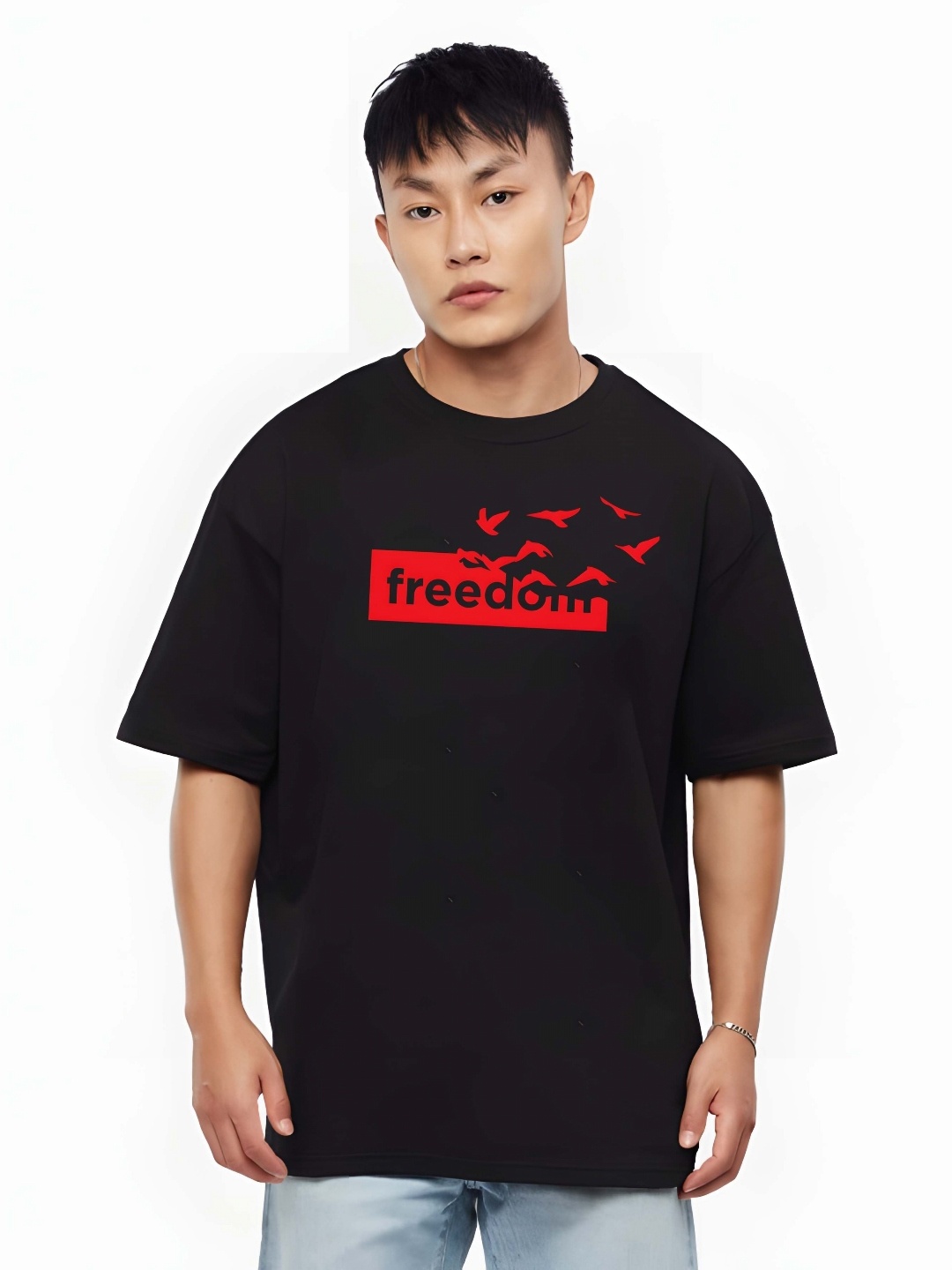 

THE BEETEL HOUSE Typography Printed Drop-Shoulder Sleeves Cotton T-shirt, Black