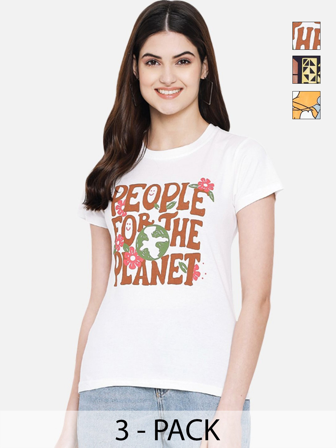 

Dreambe Women Pack of 3 Tom & Jerry Typography Printed Round Neck Cotton T-shirts, White