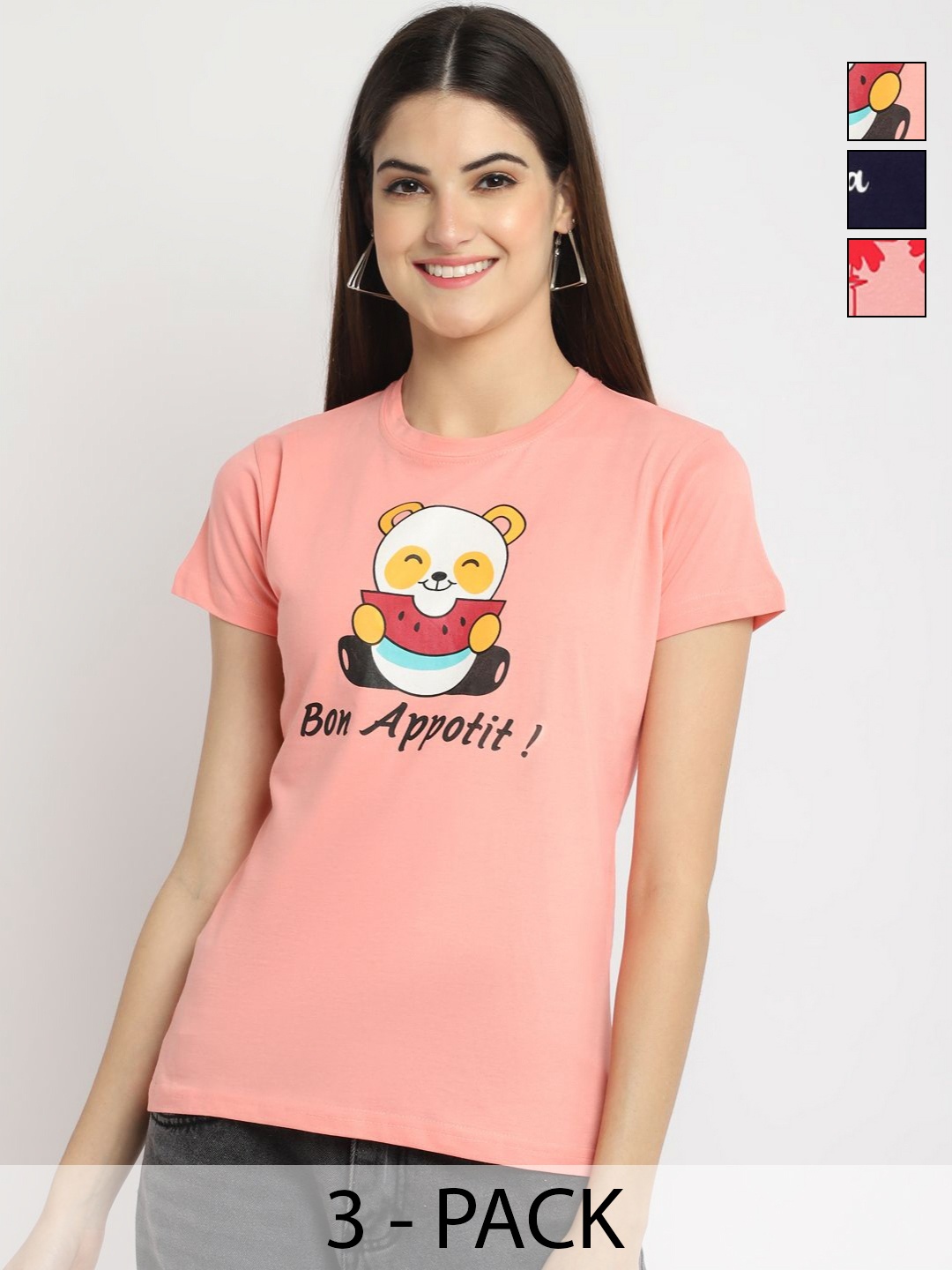 

Dreambe Women Pack of 3 Typography Printed Round Neck Cotton T-shirts, Peach