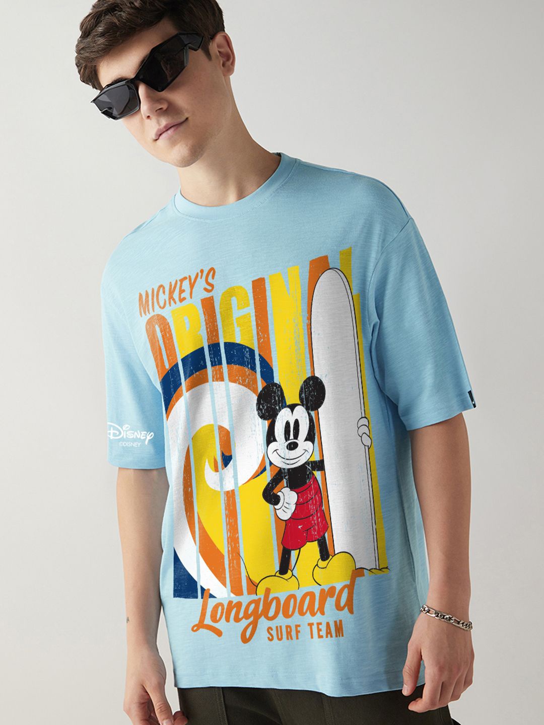 

Bewakoof AIR Men Mickey Mouse Graphic Printed Round Neck Cotton Oversized T-shirt, Blue