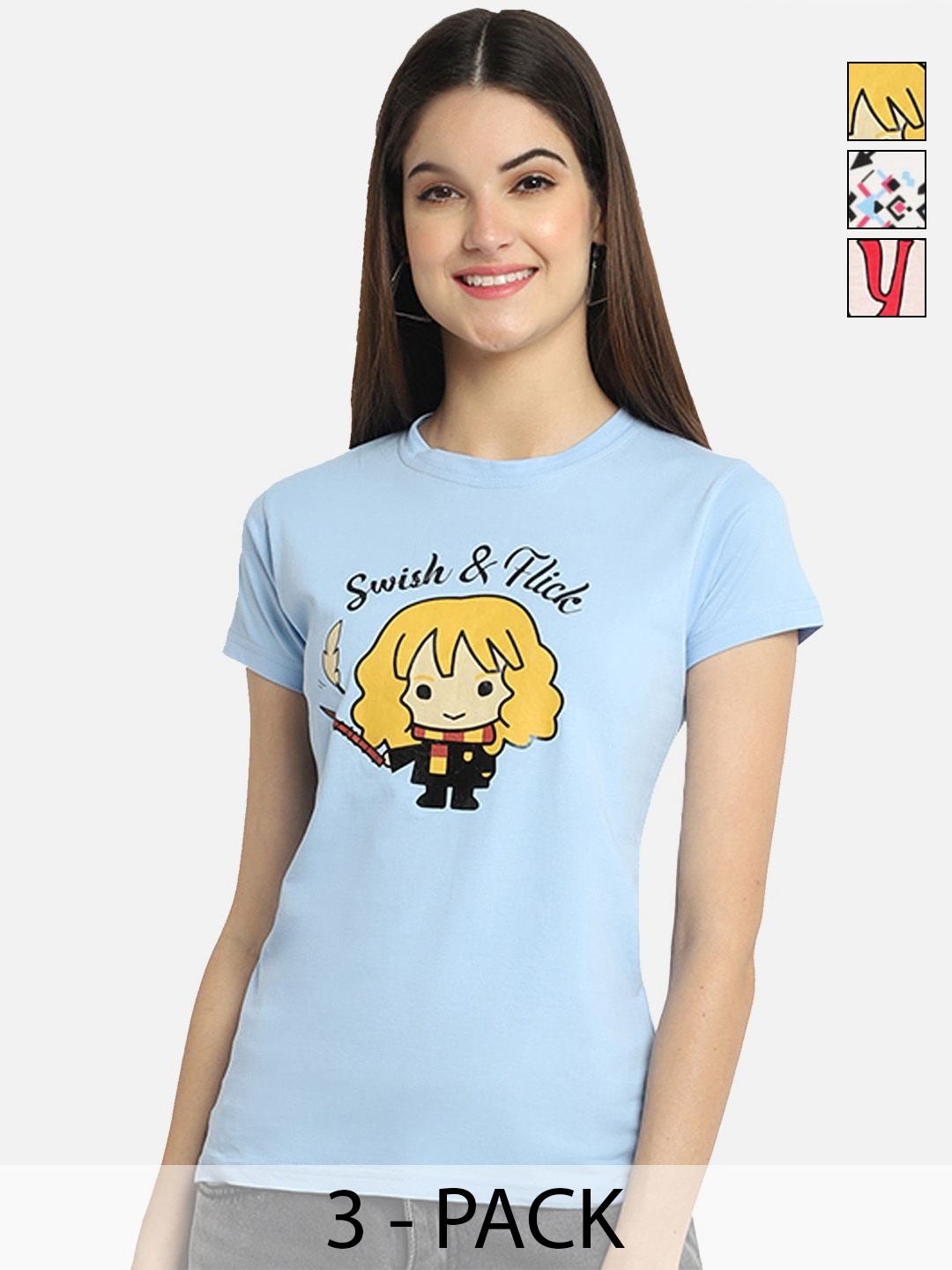 

Dreambe Women Pack of 3 Tom & Jerry Graphic Printed Round Neck Cotton T-shirts, Blue